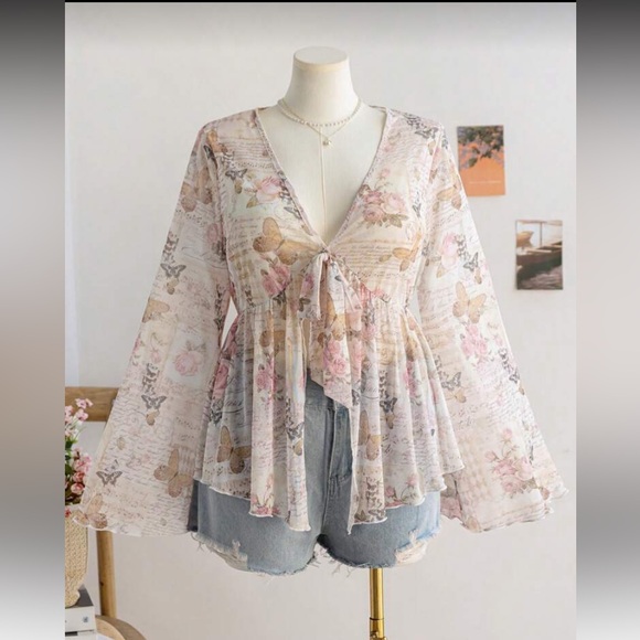Unknown Tops - Butterfly Floral Sheer Blouse with Bell Sleeves
